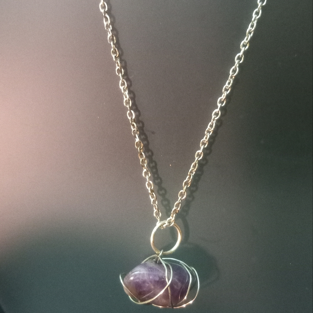 Silver Tone Amethyst Wire Wrapped Pendant Necklace